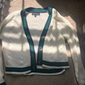 Cable Knit Cardigan with Green & Navy Trim